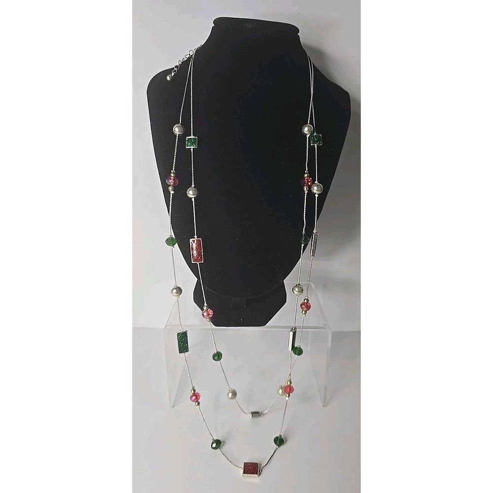 Silver-tone Beaded Christmas Necklace with‎ red and green accents